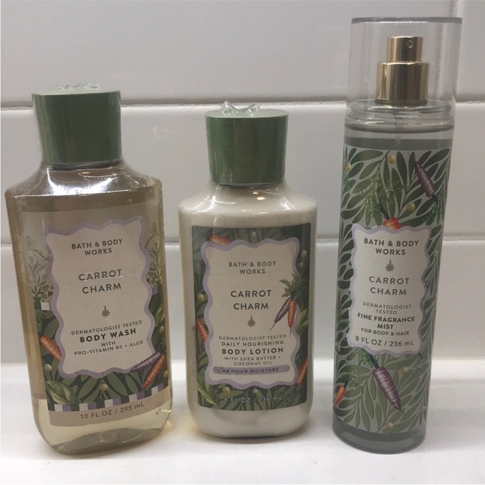 NWT!BBW Carrot Charm Green Body Wash, Lotion & Fragrance Mist Set
